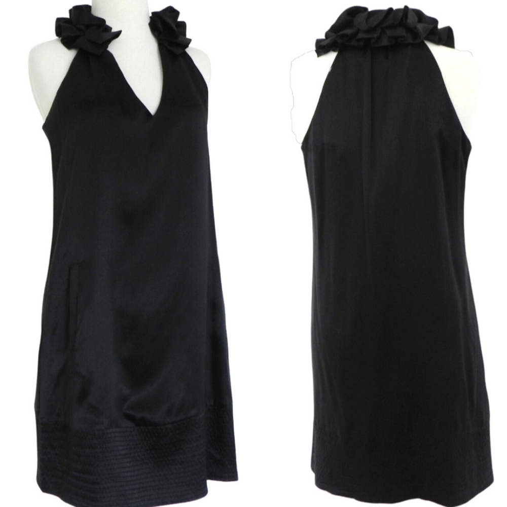 Black Silk Ruffle Collar Shift LBD Dress - Matty M